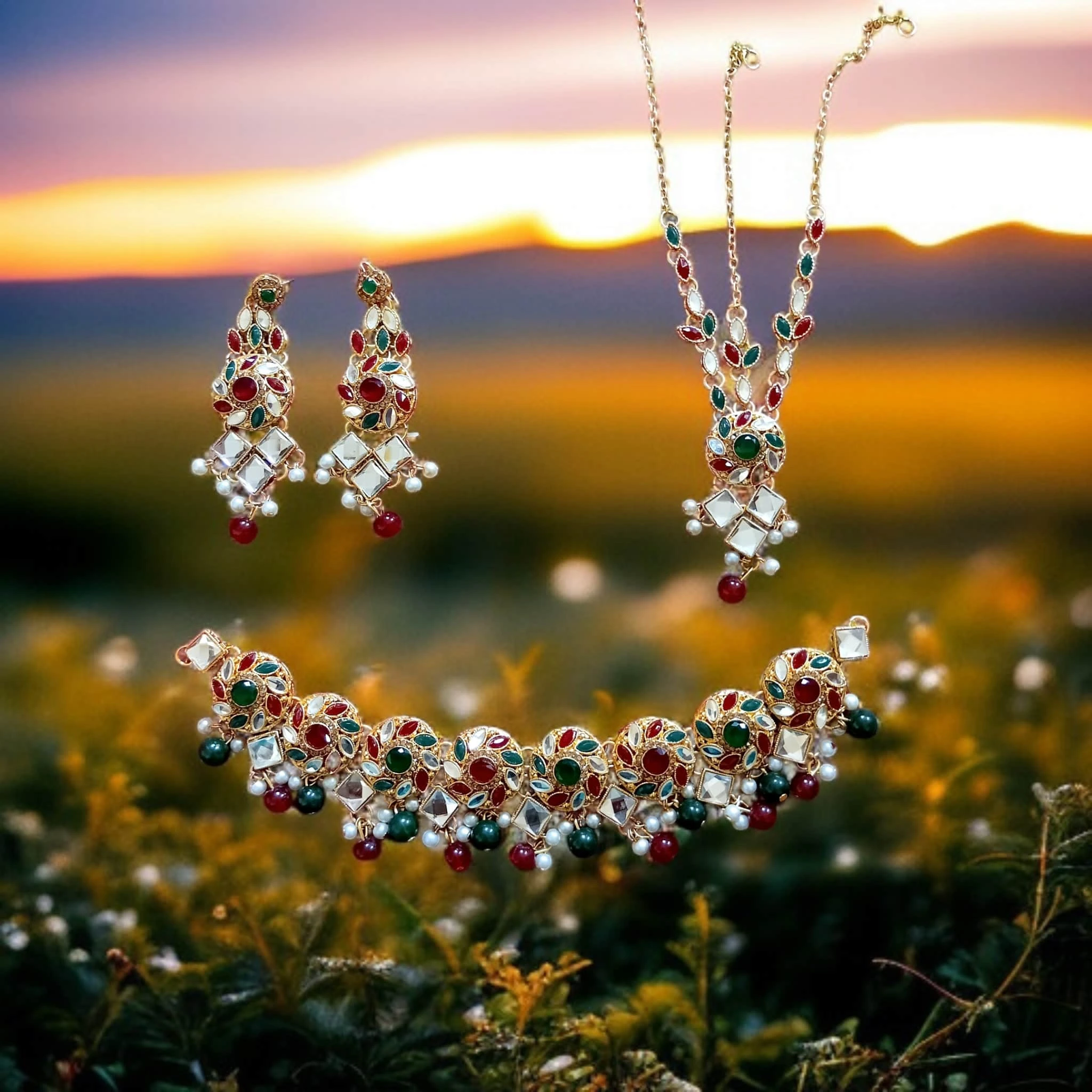 Buy multi colour jewellery set with necklace , earrings and tikka at best price in pakistan